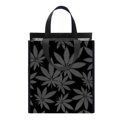 Black And Grey Pot Leaf Pattern Print Insulated Lunch Tote