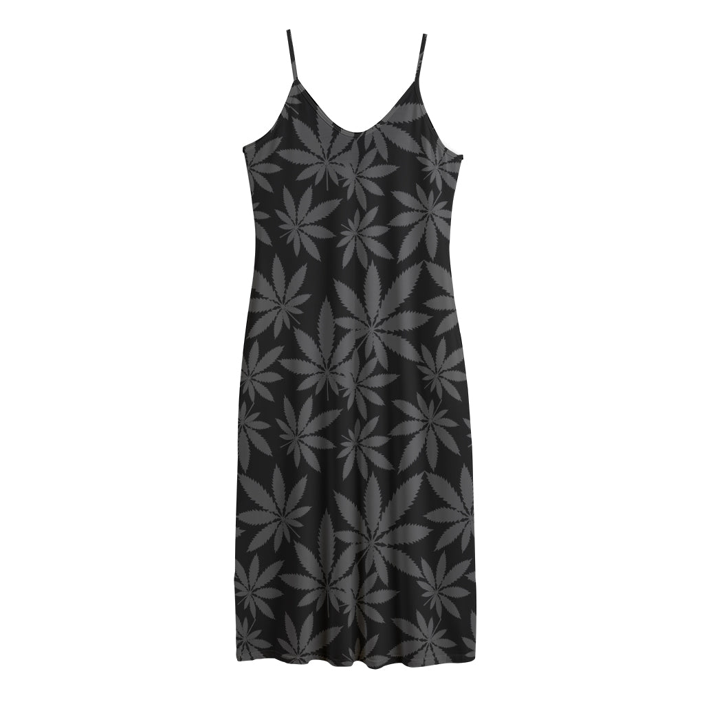 Black And Grey Pot Leaf Pattern Print Jersey Midi Cami Dress