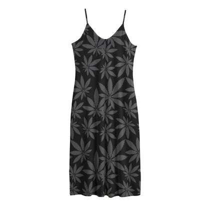 Black And Grey Pot Leaf Pattern Print Jersey Midi Cami Dress