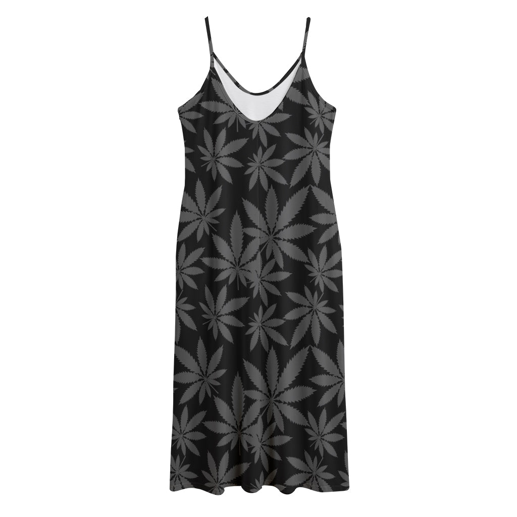 Black And Grey Pot Leaf Pattern Print Jersey Midi Cami Dress