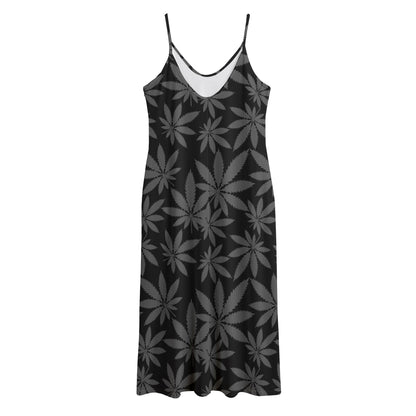 Black And Grey Pot Leaf Pattern Print Jersey Midi Cami Dress