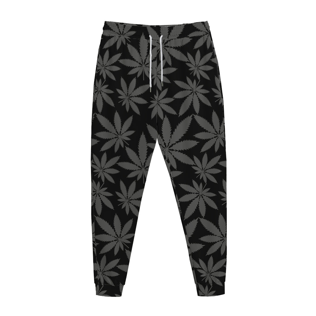Black And Grey Pot Leaf Pattern Print Jogger Pants