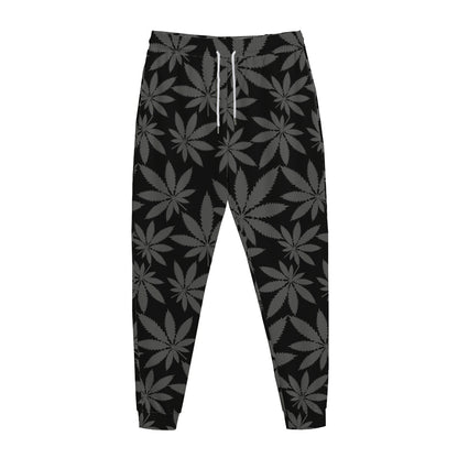 Black And Grey Pot Leaf Pattern Print Jogger Pants