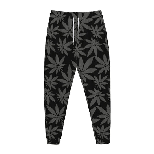 Black And Grey Pot Leaf Pattern Print Jogger Pants
