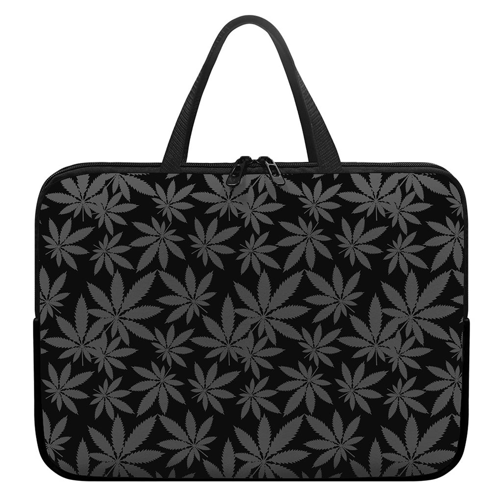Black And Grey Pot Leaf Pattern Print Laptop Sleeve With Handle