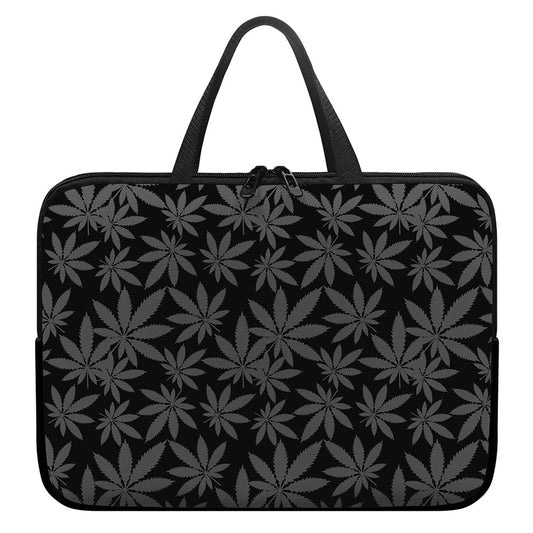 Black And Grey Pot Leaf Pattern Print Laptop Sleeve With Handle