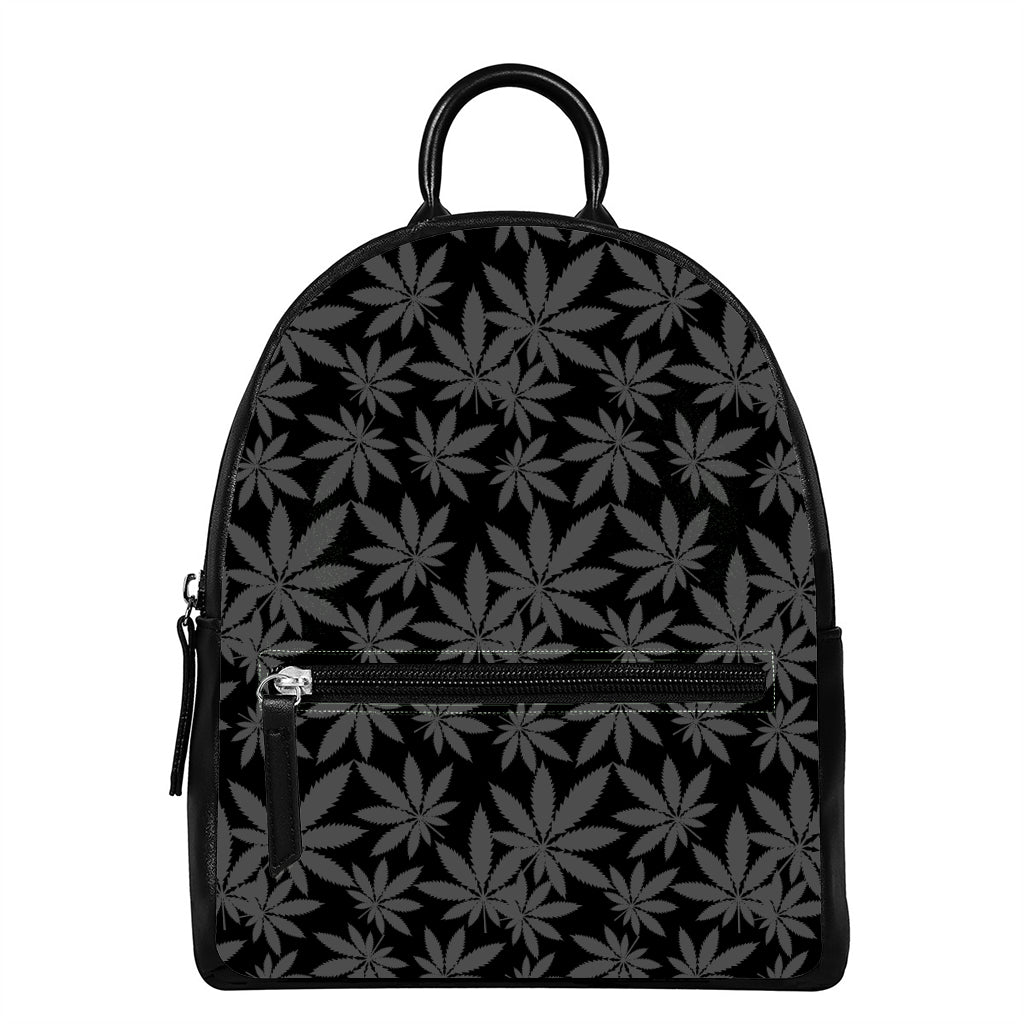 Black And Grey Pot Leaf Pattern Print Leather Backpack