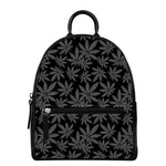 Black And Grey Pot Leaf Pattern Print Leather Backpack