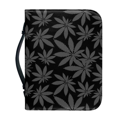 Black And Grey Pot Leaf Pattern Print Leather Bible Cover