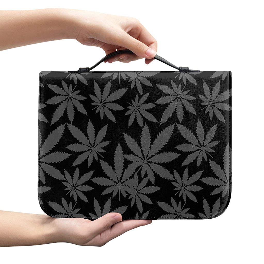 Black And Grey Pot Leaf Pattern Print Leather Bible Cover