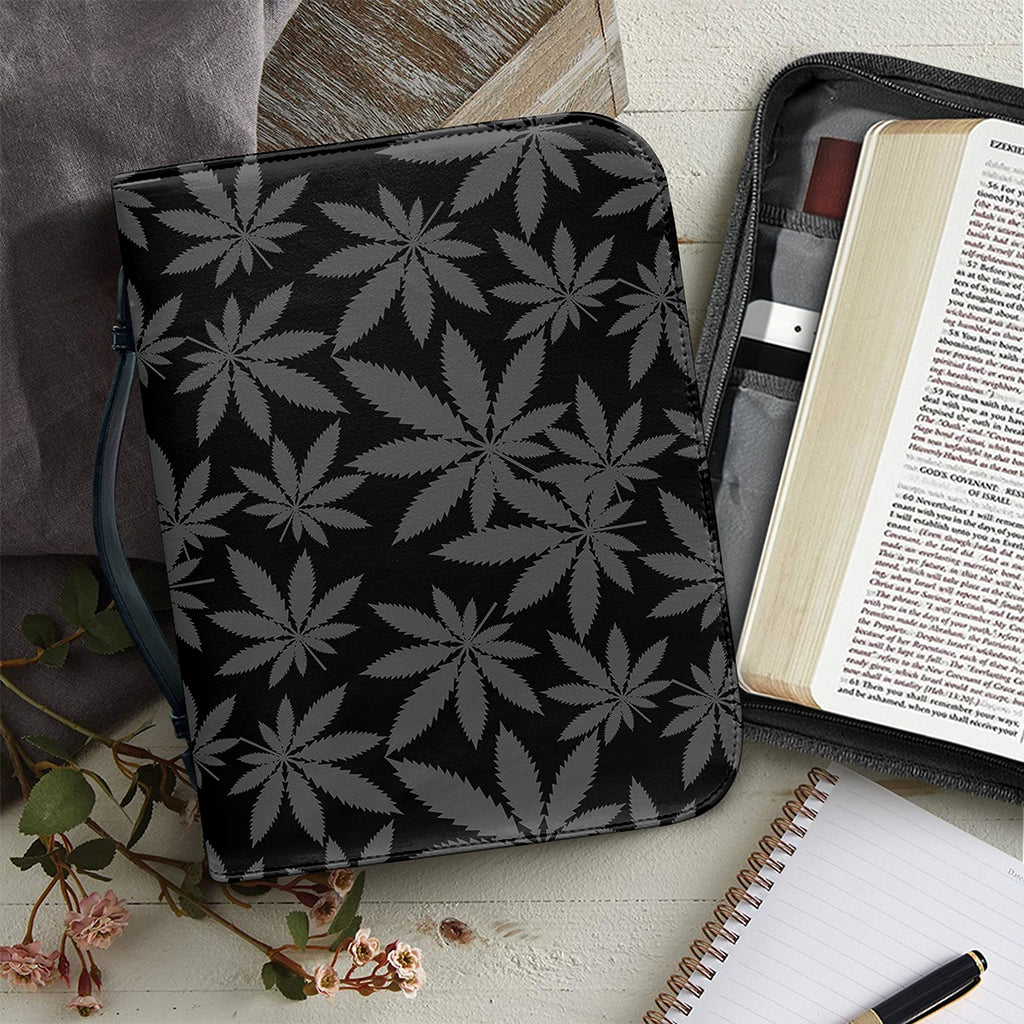 Black And Grey Pot Leaf Pattern Print Leather Bible Cover