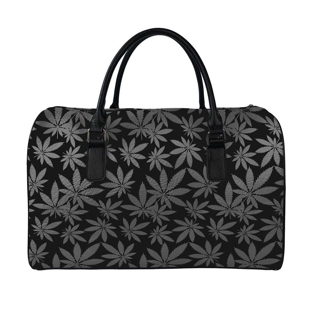 Black And Grey Pot Leaf Pattern Print Leather Duffle Bag