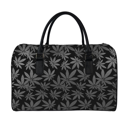 Black And Grey Pot Leaf Pattern Print Leather Duffle Bag