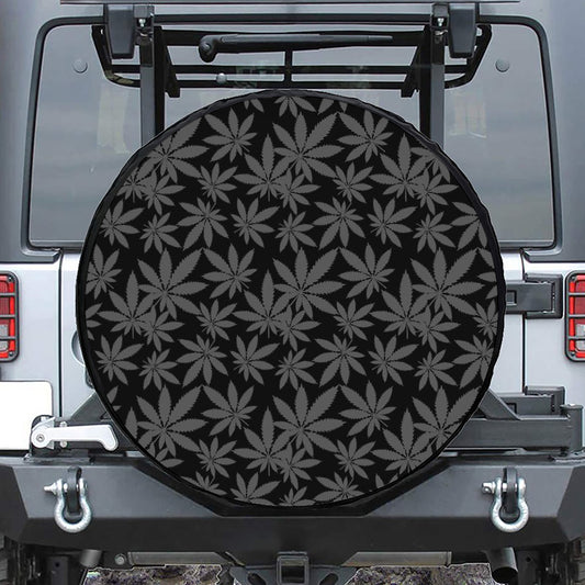 Black And Grey Pot Leaf Pattern Print Leather Spare Tire Cover