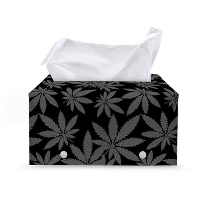 Black And Grey Pot Leaf Pattern Print Leather Tissue Box Cover