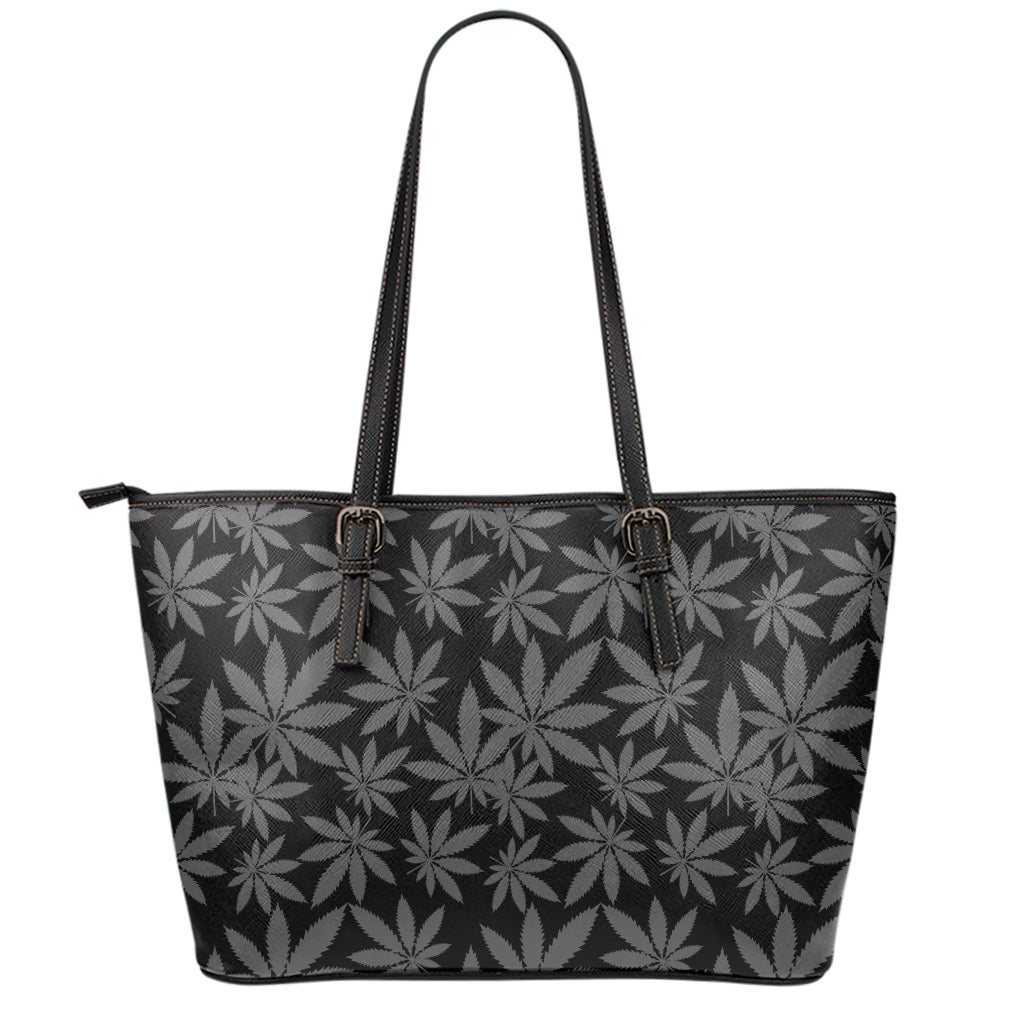 Black And Grey Pot Leaf Pattern Print Leather Tote Bag