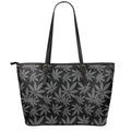 Black And Grey Pot Leaf Pattern Print Leather Tote Bag With Zipper