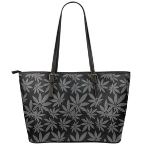 Black And Grey Pot Leaf Pattern Print Leather Tote Bag