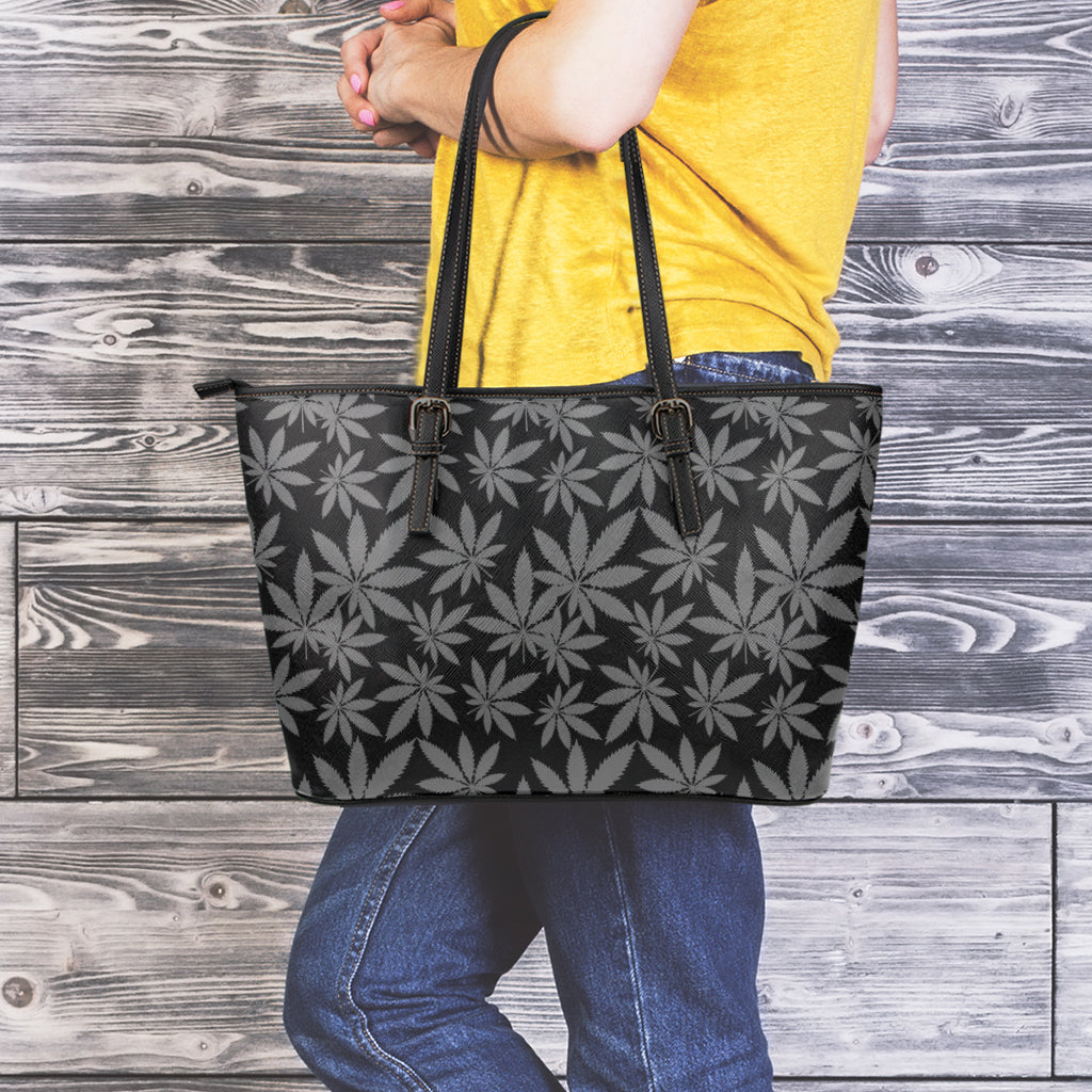 Black And Grey Pot Leaf Pattern Print Leather Tote Bag