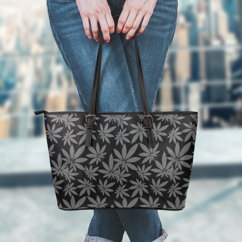 Black And Grey Pot Leaf Pattern Print Leather Tote Bag