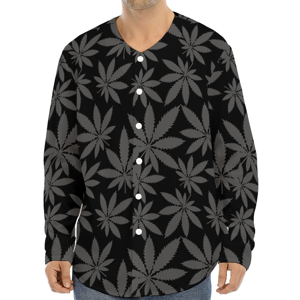 Black And Grey Pot Leaf Pattern Print Long Sleeve Baseball Jersey