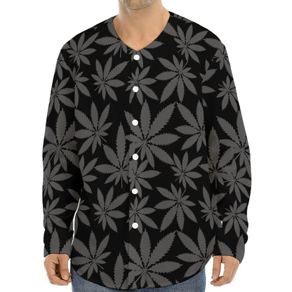 Black And Grey Pot Leaf Pattern Print Long Sleeve Baseball Jersey