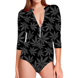 Black And Grey Pot Leaf Pattern Print Long Sleeve Swimsuit