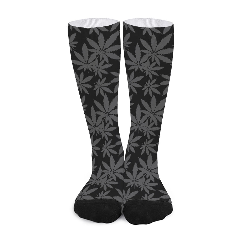 Black And Grey Pot Leaf Pattern Print Long Socks