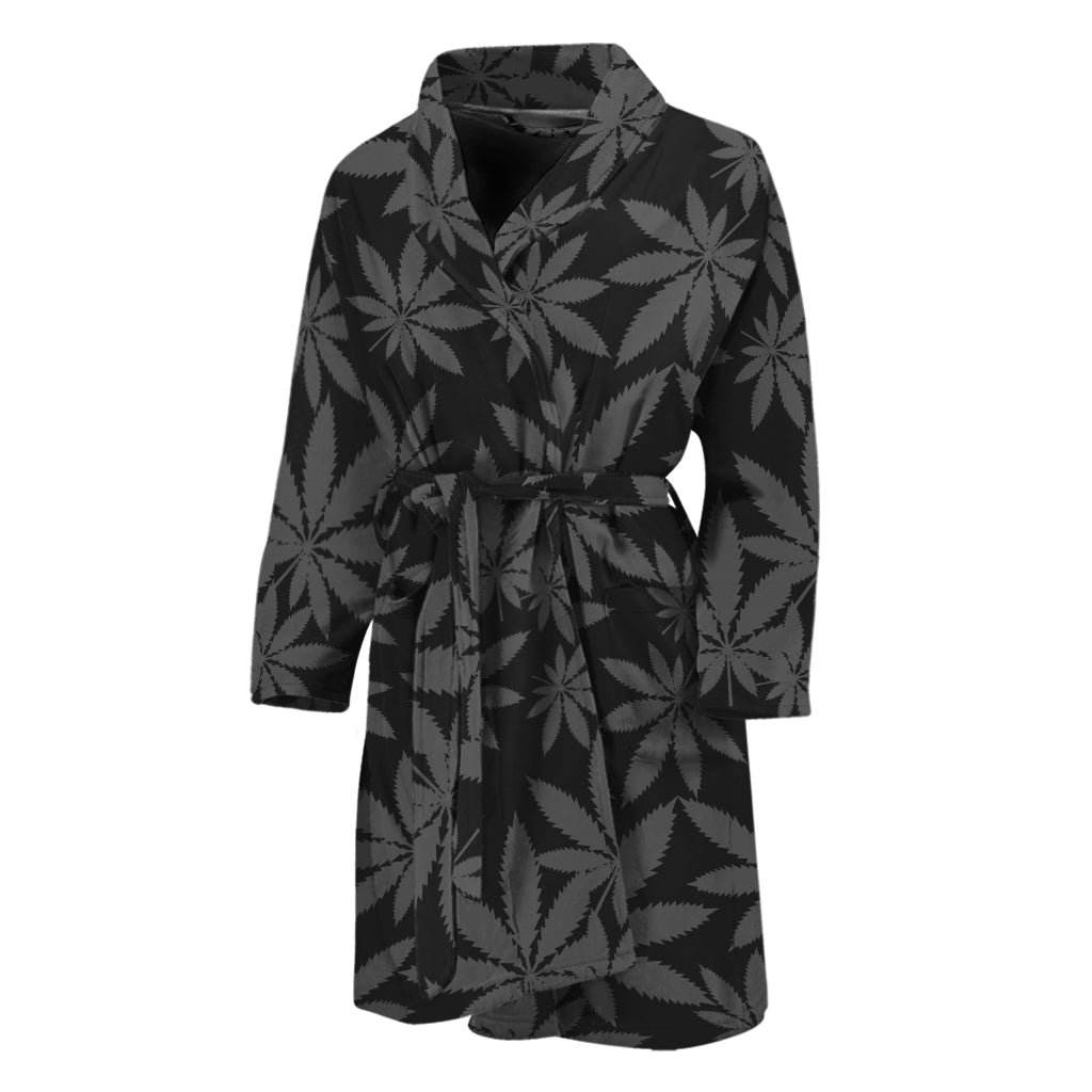 Black And Grey Pot Leaf Pattern Print Men's Bathrobe