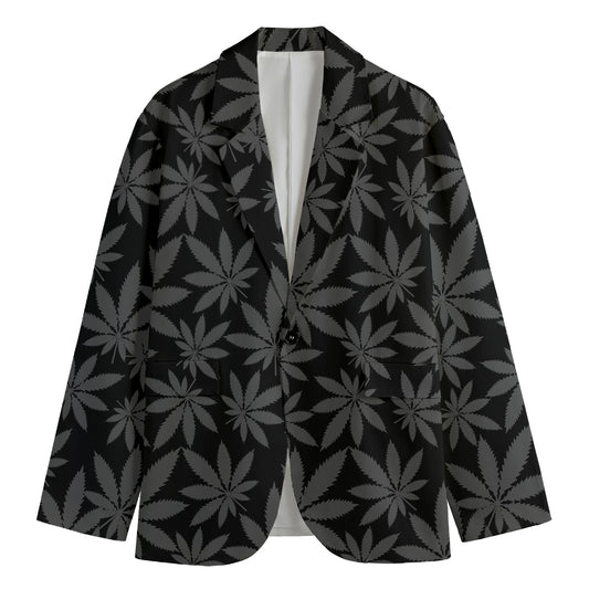 Black And Grey Pot Leaf Pattern Print Men's Blazer