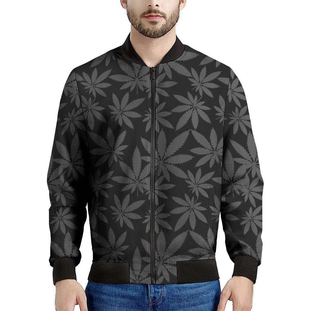 Black And Grey Pot Leaf Pattern Print Men's Bomber Jacket