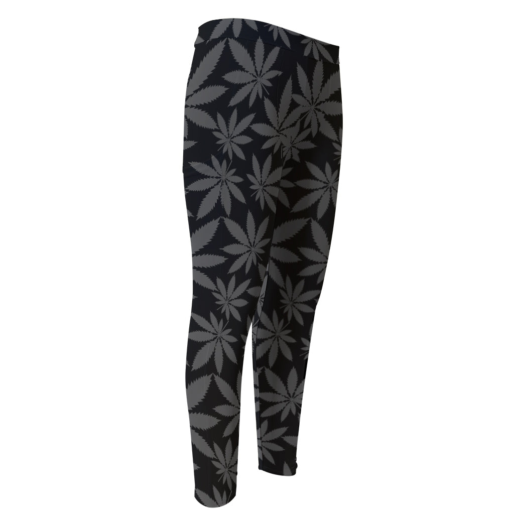 Black And Grey Pot Leaf Pattern Print Men's Compression Pants