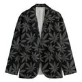 Black And Grey Pot Leaf Pattern Print Men's Cotton Blazer