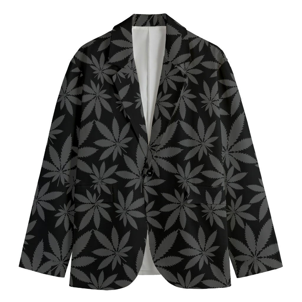 Black And Grey Pot Leaf Pattern Print Men's Cotton Blazer