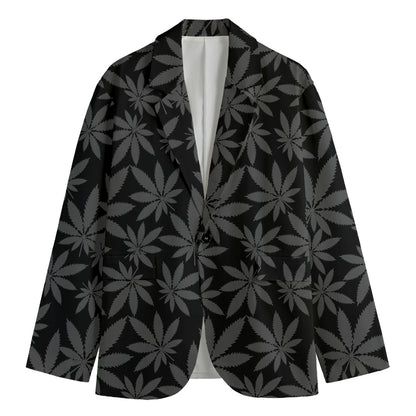 Black And Grey Pot Leaf Pattern Print Men's Cotton Blazer