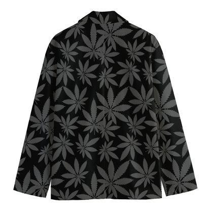 Black And Grey Pot Leaf Pattern Print Men's Cotton Blazer