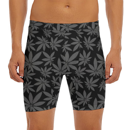 Black And Grey Pot Leaf Pattern Print Men's Long Boxer Briefs