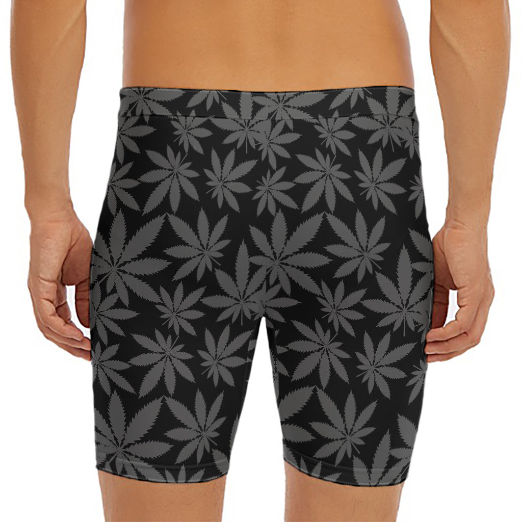 Black And Grey Pot Leaf Pattern Print Men's Long Boxer Briefs