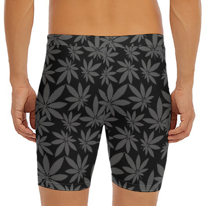 Black And Grey Pot Leaf Pattern Print Men's Long Boxer Briefs