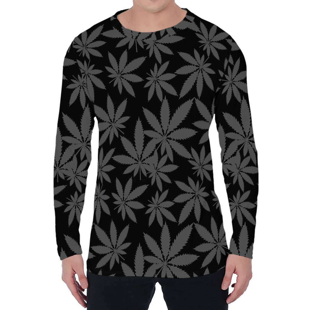 Black And Grey Pot Leaf Pattern Print Men's Long Sleeve T-Shirt