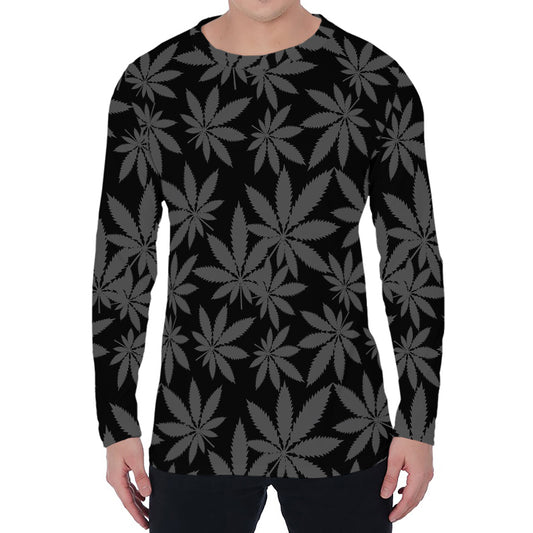 Black And Grey Pot Leaf Pattern Print Men's Long Sleeve T-Shirt