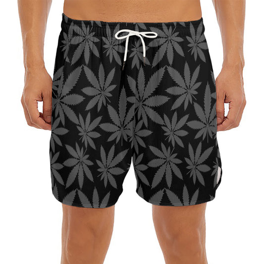 Black And Grey Pot Leaf Pattern Print Men's Split Running Shorts