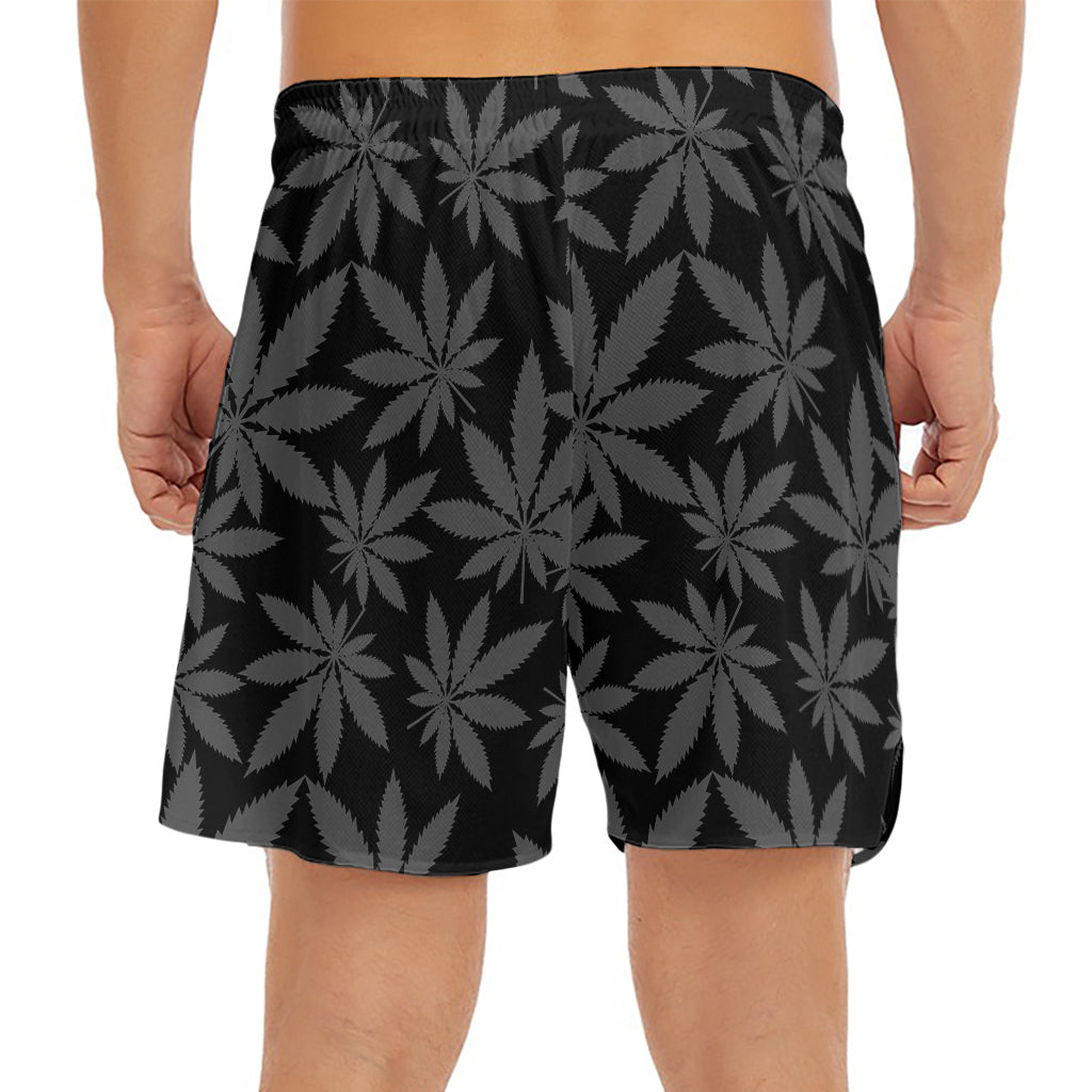 Black And Grey Pot Leaf Pattern Print Men's Split Running Shorts