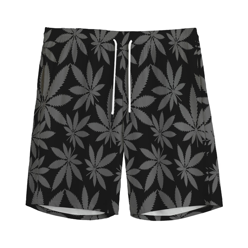 Black And Grey Pot Leaf Pattern Print Men's Sports Shorts