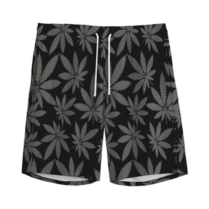 Black And Grey Pot Leaf Pattern Print Men's Sports Shorts