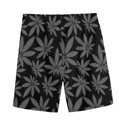 Black And Grey Pot Leaf Pattern Print Men's Sports Shorts