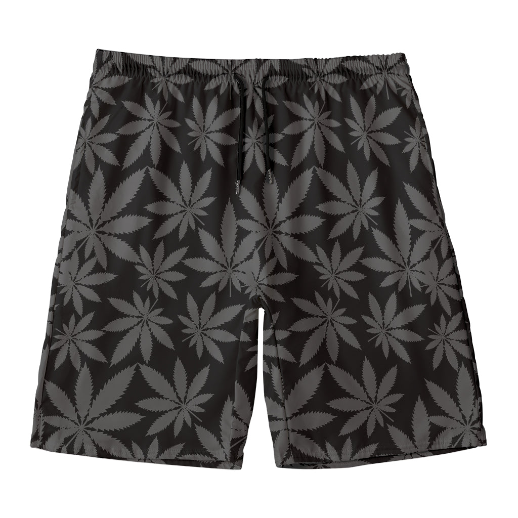 Black And Grey Pot Leaf Pattern Print Men's Swim Trunks