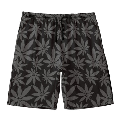 Black And Grey Pot Leaf Pattern Print Men's Swim Trunks
