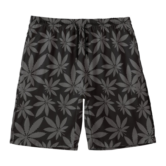 Black And Grey Pot Leaf Pattern Print Men's Swim Trunks