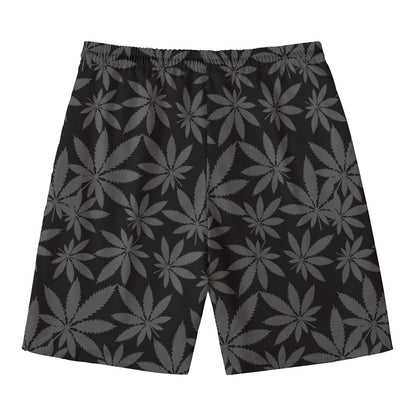 Black And Grey Pot Leaf Pattern Print Men's Swim Trunks
